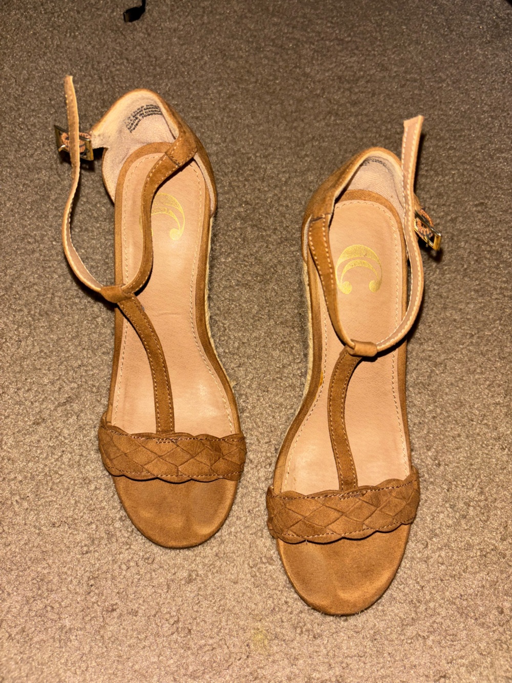 Charming Charlie Tan T-Strap Braided Suede Wedges